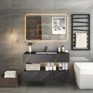 Meuble de salle de bain style hôtel, comptoir en dalle noire et or, miroir intelligent éclairé, design moderne - Product Image 1