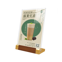 Support de menu transparent en acrylique A4 personnalisé, portable, en forme de T, avec base en bois, pour affichage publicitaire