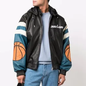 Logo personalizzato inverno ricamato Logo patch trapuntato Varsity Bomber cerniera casual pianura moto in pelle con cappuccio giacche da uomo