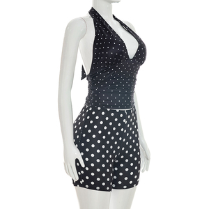 Viviblook J26ST264 Conjunto de pantalones cortos para mujer, sexy, sin mangas, con lunares, top sin espalda con cordones, pantalones cortos ajustados, conjunto de dos piezas - Product Image 4