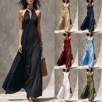 Gaun Maxi Hitam Elegan dengan Kerah Halter untuk Wanita, Gaun Tanpa Lengan Berlapis A-Line yang Seksi, Gaun Panjang Bohemian untuk Pesta Pantai Musim Panas.
