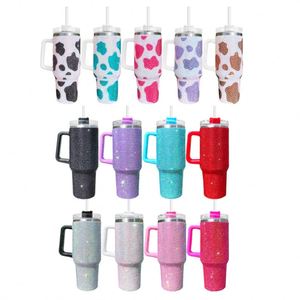 Meilleurs cadeaux à prix avantageux avec poignée et paille, gobelet de 40 oz à imprimé vache avec strass - Product Image 1