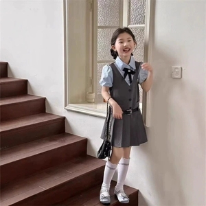 Novo Conjunto de Roupas para Meninas com 2 Peças, Vestido Escolar de Manga Curta Estilo Preppy para Meninas - Product Image 4