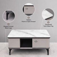 Table basse de salon moderne en bois élégant, style italien, avec pieds courbes fins, finition gris mat, tiroir à ouverture par pression et panneau en verre technologique, pour vente en gros
