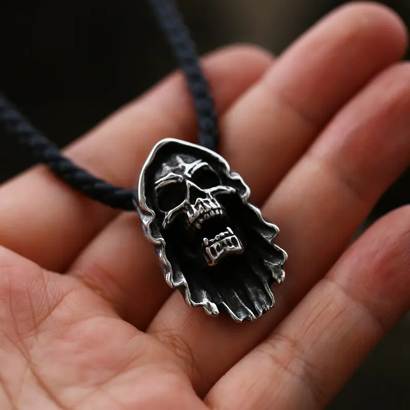 gothic mens stainless steel skull in hood necklace pendant evil death skull Bikers pendant charm necklace