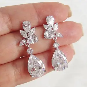 Custom Bridal Crystal Earrings Elegant Fashion Fine Jewelry wedding earring Women Sweet pear shaped water drop Zircon Earrings