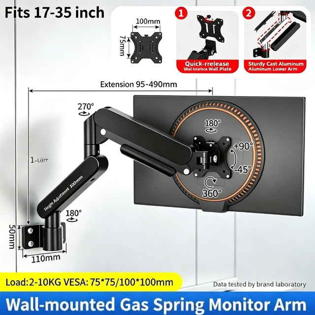 17"-35" Wall Mount Arm 360 Degree Gas Spring Arm LED LCD Screen Wall Mount Stand PC Articulated Monitor Holder Aluminum Alloy