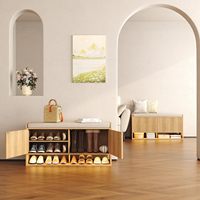 Banco de Almacenamiento de Zapatos de Madera Acanalado con Luz LED con Sensor, Estante Ajustable, Diseño Ecológico y Duradero para Entrada y Oficina en Casa