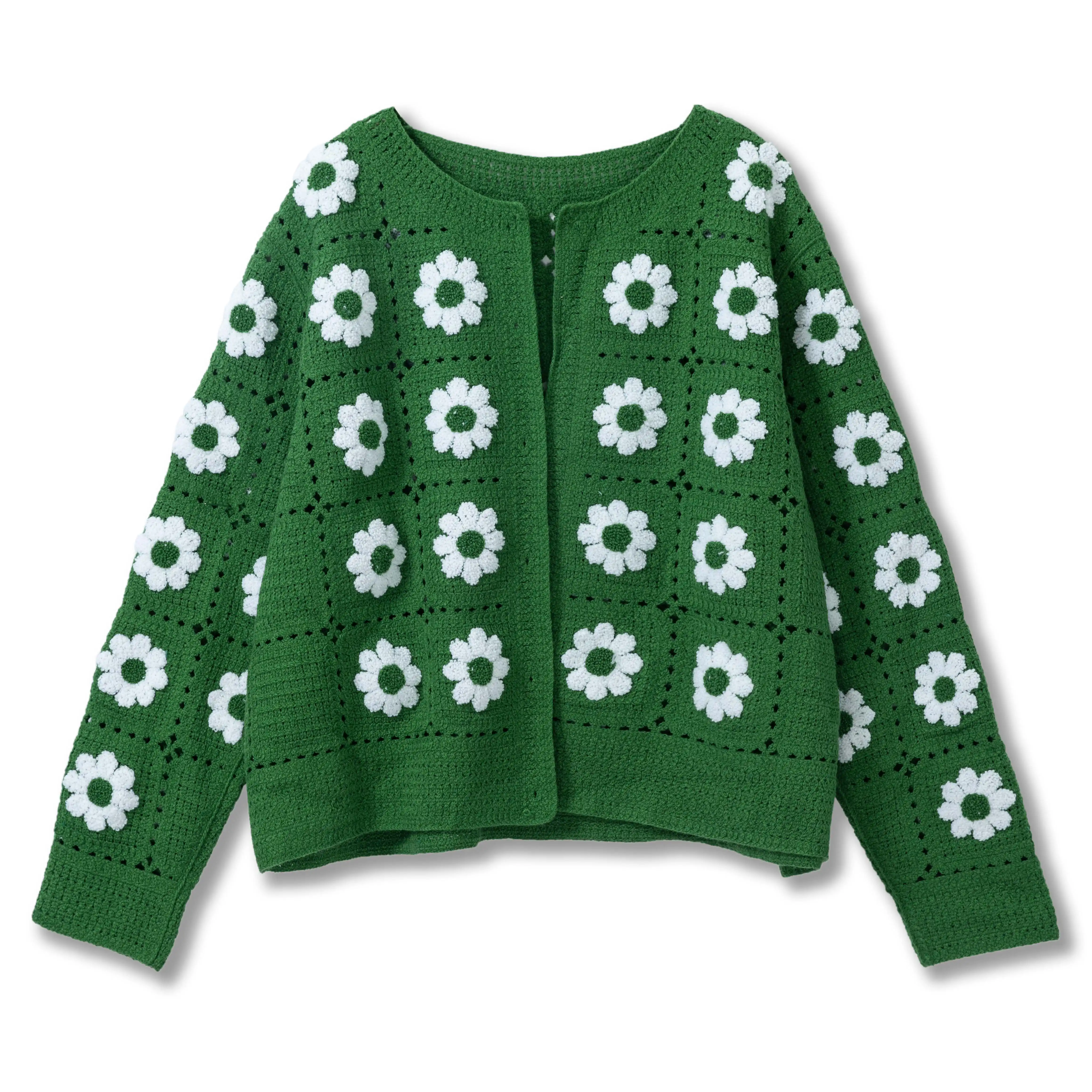 Cardigã de manga comprida com gola redonda e bordado de toalha, suéter personalizado de primavera e verão para mulheres, 2024