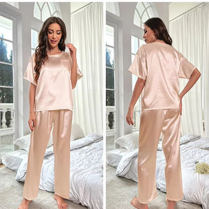 Wholesale Summer Fashion Women Ice Satin <b>Pajamas</b> Silk Short Sleeve Trousers Set Soft Solid Loose Causal Sleepwear <b>Suit</b> - Product Image 5