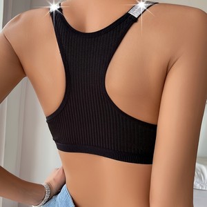 Top sportivo da donna senza cuciture, modello racerback, a costine, <span class=keywords><strong>con</strong></span> spalline glitterate, traspirante e anti-sudore - Product Image 2