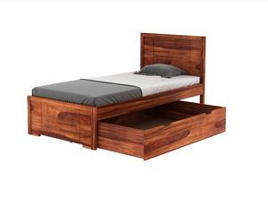 Lit simple en bois de sheesham massif de qualité supérieure avec lit gigogne intégré, finition noyer miel naturel, collection de lits en bois à prix de gros - Product Image 3