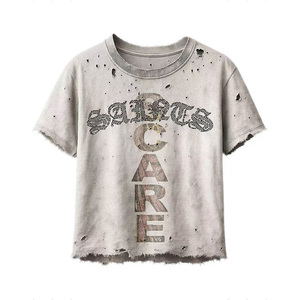 仿旧t恤制造商定制复古水洗t恤磨损下摆破坏细节 - Product Image 4