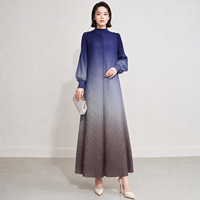 Robe longue plissée ombrée pour femme, col montant, manches longues bouffantes, plissé vertical, coupe trapèze, élégante et modeste, vente en gros