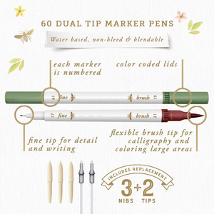 Primrosia – Lot de 60 marqueurs double pointe en plastique, feutres fins, pinceaux aquarelle, pour dessin, illustration, <span class=keywords><strong>calligraphie</strong></span>, permanents - Product Image 3