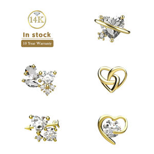Lotus Piercings Labret en Or Massif 14K avec Embouts Cœur Sans Filetage pour Hélix, Tragus, Conch, Cartilage et Breloques d'Oreille - Product Image 1
