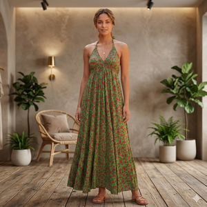 Vestido Maxi Halter con Estampado Floral Verde, Cuello en V, Estilo Boho, Sin Mangas, Corte en A, Holgado, Informal de Otoño, Tejido de Rayón Ecológico con Borlas - Product Image 3