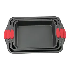 3PCS/Set Non-stick Carbon Steel Kitchen Oven Baking Pan/ Tray Quality Metal Bakeware with Red Silicone Handles