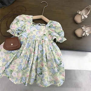GSD3615 Custom <b>Baby</b> Girl Summer Green blue flowers print Knee-Length Stripe Easter Sleeveless <b>Dress</b> Wholesale - Product Image 1