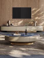 Table basse moderne haut de gamme circulaire, en bois massif avec plateau en pierre, style luxe léger, nouveau design minimaliste pour salon, taille domestique