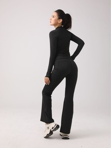 Ensemble de sport respirant et extensible pour femme, col montant zippé, haut à manches longues, <span class=keywords><strong>micro</strong></span>-pantalon de <span class=keywords><strong>yoga</strong></span>, respectueux de la peau - Product Image 3