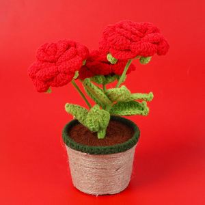 Decoración para el Hogar, Planta Artificial en Maceta de Rosa China, Flor de Hilo de Lana Tejida para Graduación, Día de la Madre o Pascua - Product Image 3