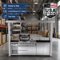 Îlot de cuisine extérieure de luxe en acier inoxydable 304 avec abri, barbecue à gaz, évier, réfrigérateur et rôtissoire pour jardin - Stock US