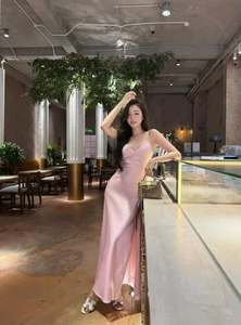 Wholesale Evening Party Bridesmaid Wholesale Custom Elegant Women Satin Slip Dress V Neck <b>Spaghetti</b> <b>Strap</b> Floor-Length - Product Image 3