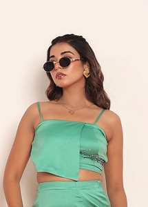 Top con solapa de diamantes de imitación verdes para mujer, elegante, chic, a la moda, para fiestas, eventos nocturnos, verano. - Product Image 2