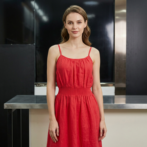 Red Spaghetti Strap Maxi <b>Dress</b> Flared Hem <b>Elastic</b> Waist Casual Summer Woven Cotton A-Line Tailored Fit Solid Color Eco-Friendly - Product Image 3