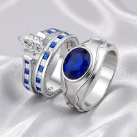 Ensemble de bagues classiques pour couple, grande bague homme en zircon bleu brillant avec accent en zircon bleu et blanc, bague de mariage audacieuse pour femme, bague empilable
