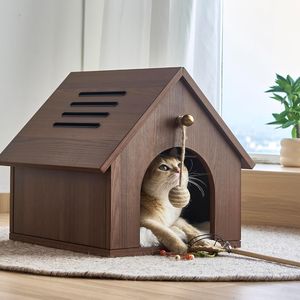 Maison pour chat d'intérieur - Lit-caverne moderne en bois pour chat, robuste et durable, avec jouet à suspendre en forme de balle - Product Image 1