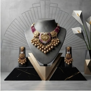 Traditional Gold Toned 925 Silver Kundan Bridal <b>Necklace</b> <b>Set</b> Purple Beads Matching Jhumka Earrings for Ethnic <b>Indian</b> Party Gift - Product Image 3