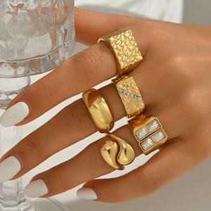 Juego de 5 Anillos Gruesos Modernos con Incrustaciones Geométricas Cuadradas de Estrás para Mujer, Anillos Apilables para Dedos, Joyería de Moda, Regalos - Product Image 2