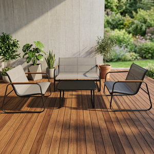 Set da Giardino Saint Martin per 4 Persone, Tavolo da Caffè in Acciaio Nero Resistente con Piano in Vetro, Resistente alle Intemperie, Capacità di Carico 75kg - Product Image 2