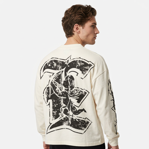 Camiseta de Hombre de Alta Calidad, Estilo Vintage, Tejida, 300gsm, Oversize, de Algodón, con Estampado de Emociones Mixtas, Manga Larga, Ropa Urbana - Product Image 5