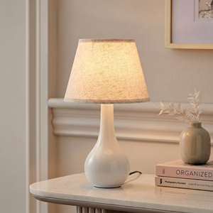 Bulk Order Modern Ceramic Nightstand <strong>Lamp</strong> 18 Inch <strong>Tall</strong> Beige <strong>Shade</strong> for Hospitality and Housing Projects - Product Image 1