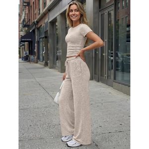 Conjunto de 2 Piezas para Mujer, Pantalones Anchos, Top de Manga Corta con Cuello Redondo, Traje Deportivo Informal, Transpirable, Tejido de Punto, para Primavera/Verano - Product Image 3
