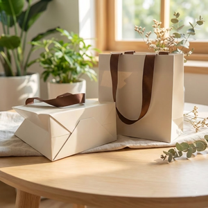 Ensemble <span class=keywords><strong>de</strong></span> boîtes cadeaux et sacs en papier beige <span class=keywords><strong>de</strong></span> luxe MH avec poignée en ruban brun, emballages élégants pour la marque <span class=keywords><strong>de</strong></span> boutique - Product Image 1