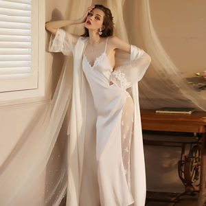 Nouveautés Robes de mariée transparentes sexy en dentelle longue et luxueuse en satin de soie blanc - Product Image 2