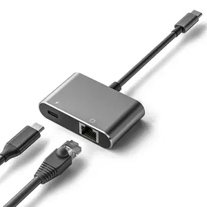 Penutup Logam Campuran Aluminium USB Tipe C PD 3.0 Female + RJ45 1000Mbps Ke USB-C 2IN1 Adaptor Ethernet