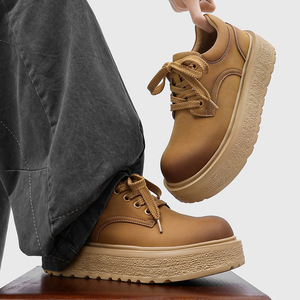 Chaussures Chunky Empire pour Hommes, Bout Rond, Lacets, Rehaussantes, Style Rétro Workwear, Toutes Saisons, Couleur Unie, Doublure PU, Semelle Caoutchouc - Product Image 3