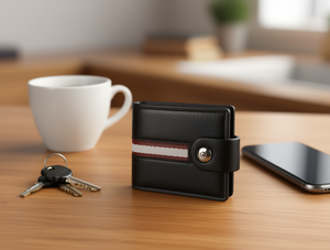 Portafoglio da uomo a bottone singolo in vera pelle con chiusura a scatto, confezione regalo - Product Image 2