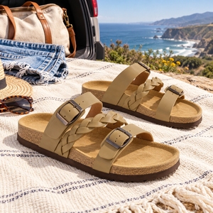 Khaki Braided Flat <b>Sandals</b> <b>for</b> <b>Women</b> with Adjustable Double Buckles, Contoured Footbed and Open Toe <b>for</b> <b>Beach</b> Vacation Outfits - Product Image 6