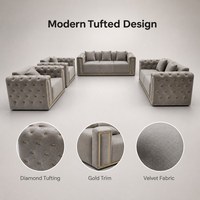 Ensemble de canapés Chesterfield gris velours moderne 3 pièces |   Canapé de salon avec garniture dorée et tufting diamanté |   Meubles rembourrés de luxe