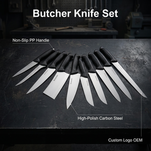 Set di <span class=keywords><strong>Coltelli</strong></span> da Macellaio, Coltello da Disosso con Manico in PP, Coltello per Lavorazione Carne in Acciaio al Carbonio, Logo Personalizzato OEM, Vendita all'Ingrosso per Mattatoi - Product Image 4