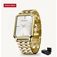 Montre à quartz pour femme avec logo personnalisé, boîtier carré, bracelet en acier inoxydable doré, bracelet de 20 mm, résistante à l'eau 3BAR, élégante