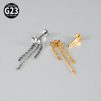 Piercing de mode en alliage de titane F136 G23 avec zircon marquise exquis et pampille à chaîne, barre plate à filetage interne pour l'oreille ou la lèvre