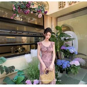 Yufei Long Butterfly Print Ruffle Dress For Women Slim Fit Summer Elegant Daily Wear - Product Image 1