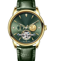 Jam Tangan Mekanik Tourbillon Skeleton Pria OEM ODM Logo Kustom MOQ 500, Casing Paduan Emas, Dial Hijau, Kaca Mineral, Baja Tahan Karat